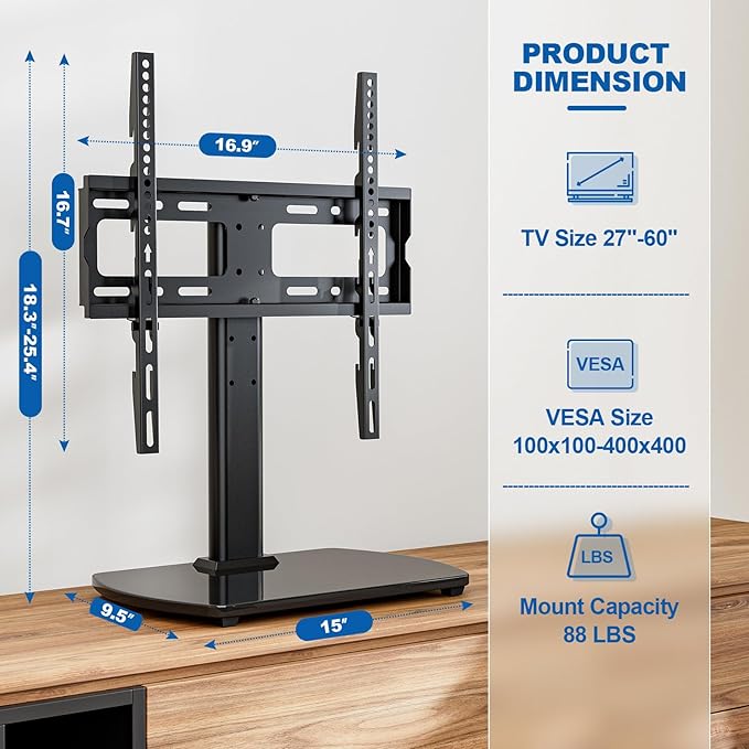 Universal TV Stand for 27-60 Inch TVs with Swivel Mount Height Adjustable Table Top TV Stand Mount Heavy Duty Tempered Glass Base TV Pedestal Stand Holds up to 88 lbs VESA 400x400mm