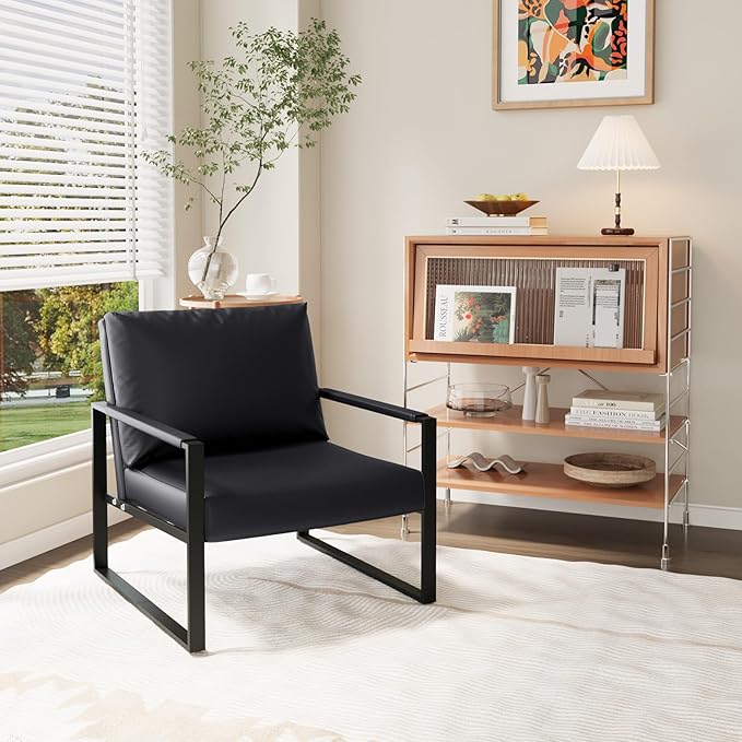 Recaceik Modern Accent Chair Set of 2 Arm Chairs Faux PU Leather Single Large Upholstered Sofa ChairErgonomic Lounge Living Room Chair for Bedroom Waiting Room Office Apartment Small SpaceBlack