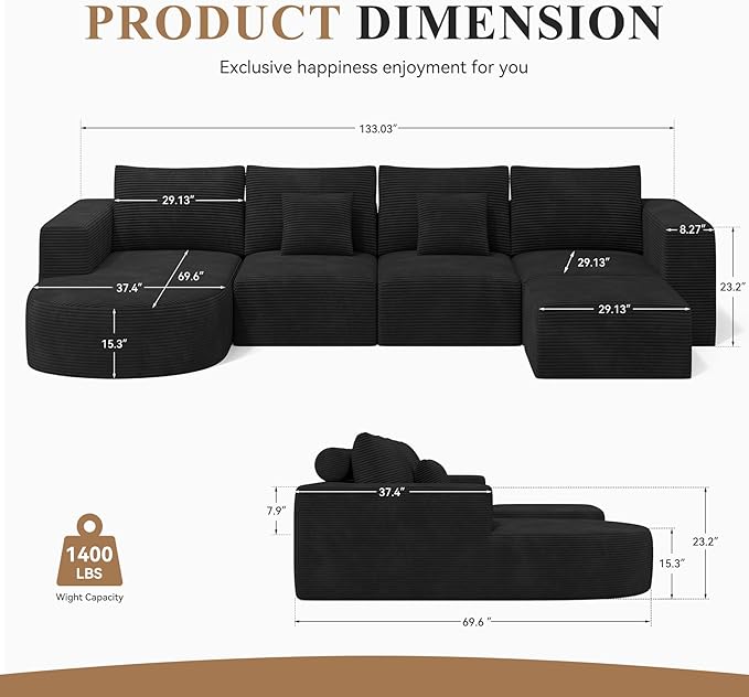 134 Boneless Couches for Living RoomLarge U-Shaped Modular Sectional Sofa with Convertible OttomanModern Cozy Cloud Couch in a BoxSponge Compression Deep Seat Sofas with ChaiseBlack1pcs