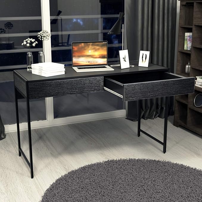 ERGOMASTER Home Office Desk with Drawers Black Modern Wood Desk Laptop Writing Computer Room Work Table for Bedrooms (44) inch