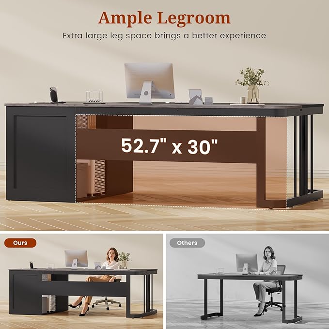 70.9 Executive Desk with Power Outlet Large Office Desk with Drawers &amp Lateral File Cabinet Modern Long Computer Desk with Adjustable Storage Shelves Workstation Business Furniture (Grey)