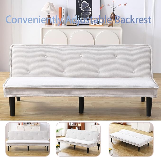 Convertible Futon Sofa BedCorduroy Folding Loveseat Couch with Adjustable BackrestDouble Sleeper Sofa Couches for Small Spaces Living Rooms Apartment Office (Beige-1)