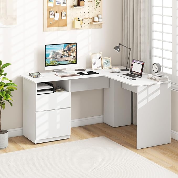Tangkula 59” L-Shaped Desk with 2 Storage Drawers Corner Computer Desk with File Drawer &amp Open Shelf Computer Workstation with 2 Cable Management Holes Space-Saving Executive Office Desk (White