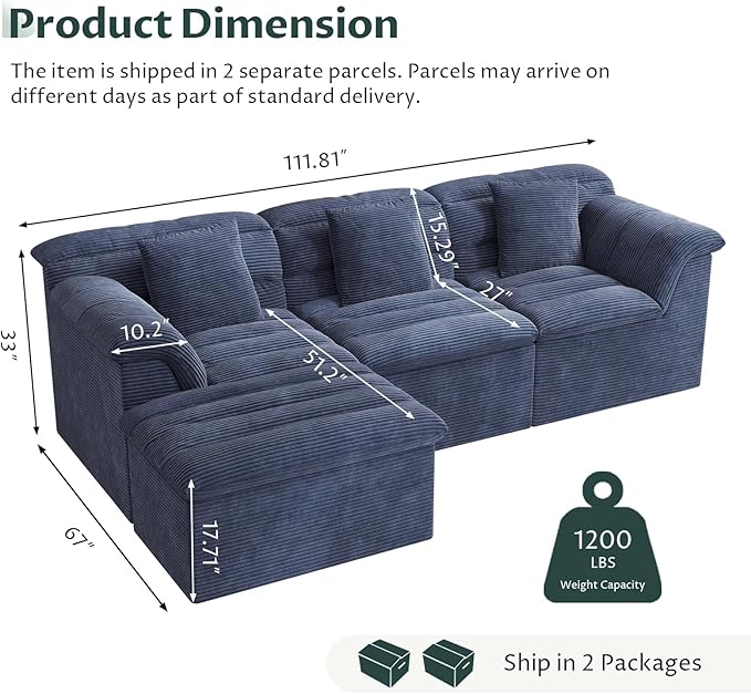 112 Boneless Sectional Couches for Living Room Modular Cloud Sectional Sofa with Ottoman Deep Seat Compressed Couch Bed Modern Upholstered L-Shape Corduroy Sofa No Assembly Required Blue