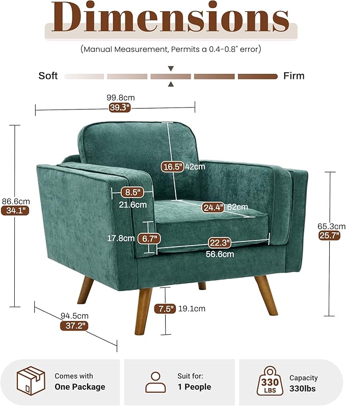 Kingfun Modern Accent Chair Living Room Chairs Chenille Reading Armchair Mid Century with Dual-Layer Armrests Solid Wood Frame Easy Assembly for Small Spaces Green