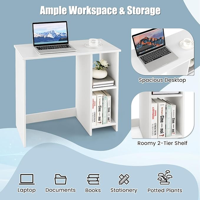 White Computer Desk Modern Writing Desk with Storage Shelves Compact Gaming Table Wood Home Office Desks Small Desk for Bedroom Living Room Study (White)