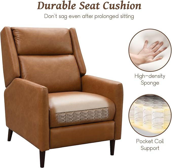 leovanni Push Back Recliner Chair Faxu Leather Upholstered Recliner with Adjustable Backrest and Footrest Modern Comfy Reclining for Living Room Bedroom Small Spaces Brown