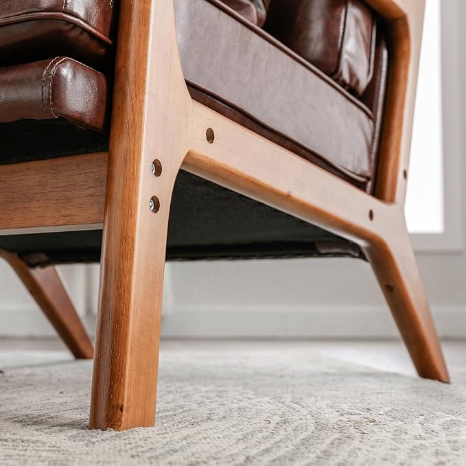 Brown Faux Leather Accent Chair- Comfy Solid Wood Arm Chair Mid Century Modern Armchair Lounge Sitting Decorative Office Side Chair Club Small Bedroom Reading Nook Sillas De Sala Living Room Furniture