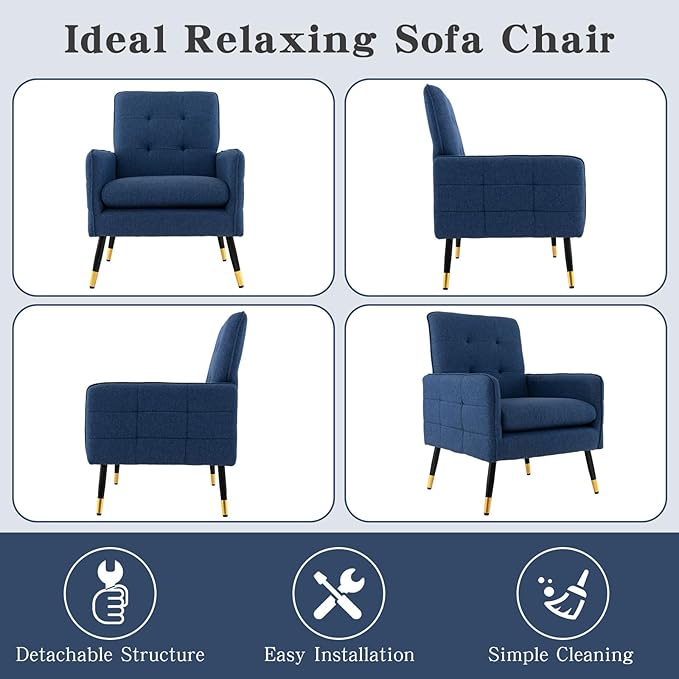 GOFLAME Modern Accent Chair Set of 2 Upholstered Leisure Armchair with Metal Legs Removable Seat Cushion Adjustable Foot Pads Linen Fabric Single Sofa Chair for Living Room Bedroom Office Blue