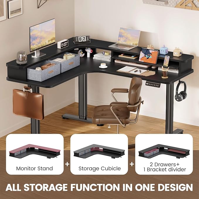 Flycity Electric L Shaped Standing Desk with Drawers 63 x 55 Corner Standing Desk Adjustable Height Stand Up Home Office Desk Dual Motor Sit Stand Desk with 3 Memory Preset &amp Lock Black