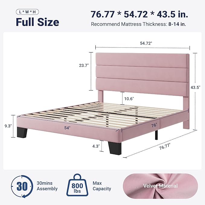 Allewie Full Size Platform Bed Frame with Velvet Upholstered Headboard and Wooden Slats Support Fully Upholstered Mattress Foundation/No Box Spring Needed/Easy Assembly Pink