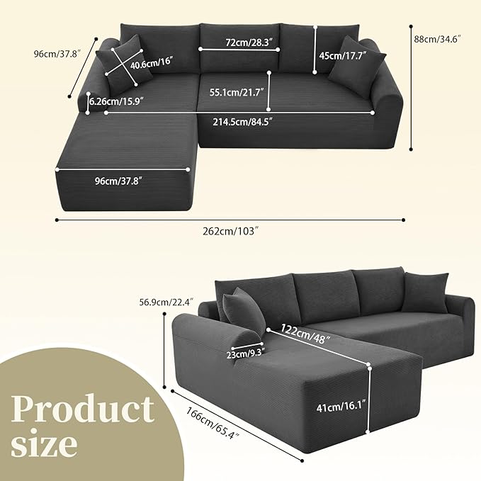 Modular Sectional Couch in a Box 103 L Shaped Boneless Cloud Couch with Deep Seat Convertible Sofa Bed for Living Room Bedroom Apartments No Assembly Required Grey Left Facing Chaise