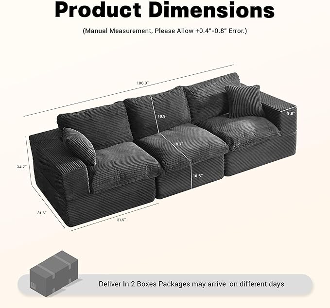 106.3” Sectional Couches for Living Room Set of Cloud Couch Modular Sectional Sofa Convertible Sofas Bed Deep Seat Sofa Corduroy Gray
