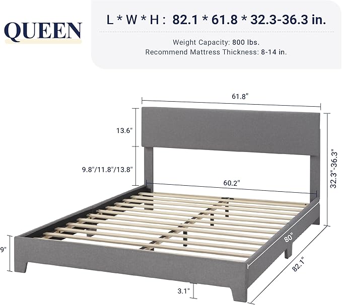 Allewie Queen Bed Frame with Upholstered Adjustable Headboard Platform Bed with Wood Slats Heavy Duty Mattress Foundation No Box Spring Needed Easy Assembly Light Grey