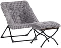 HollyHOME X-Large Saucer Chair with Foldable Ottoman Comfy Oversized Folding Chair and Folding Footrest Stool Set Faux-Fur Reading Chair and Footstool for Living Room Blue&ampGrey Chair&ampStool