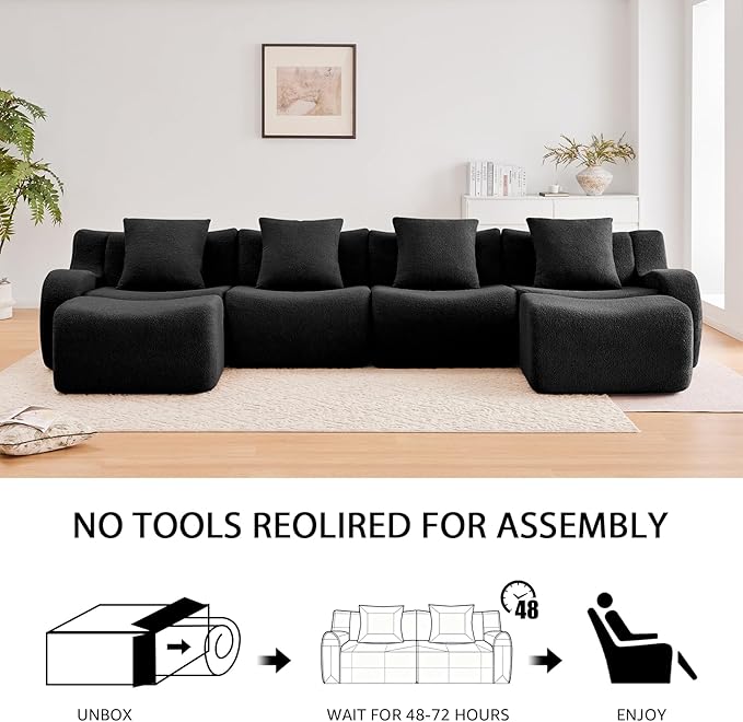 Black 3-Seater Cloud Couch Modern Teddy Fabric Boneless Sectional Sofa in a Box for Living Room Modular Floor Couch Deep Seat No Assembly Required Sofas para Sala