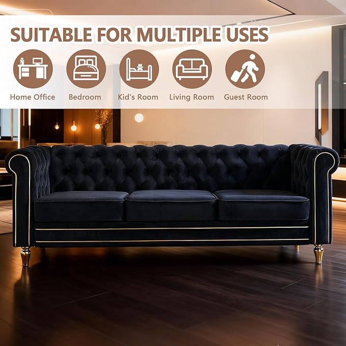 84 Velvet Sofa with Gold Legs Luxury Tufted Couch for Living Room Chesterfield Sofa with Thick Cushion Wide Armrest High-Density Foam Gold Strip Trim (Black)