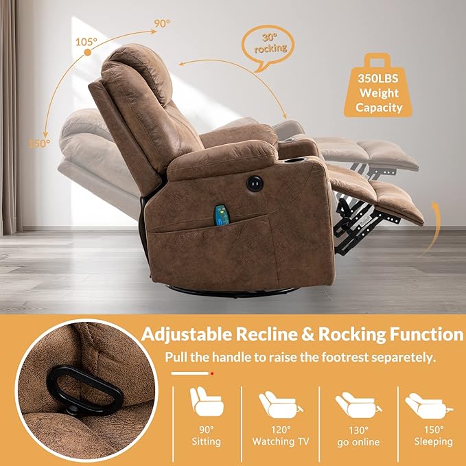 Swivel Rocker Recliner Chair - Manual Glider Rocking Recliner Ergonomic Chair with Heated Massage 4 Pockets/Cup Holders/USB Ports/Remote Control Brown
