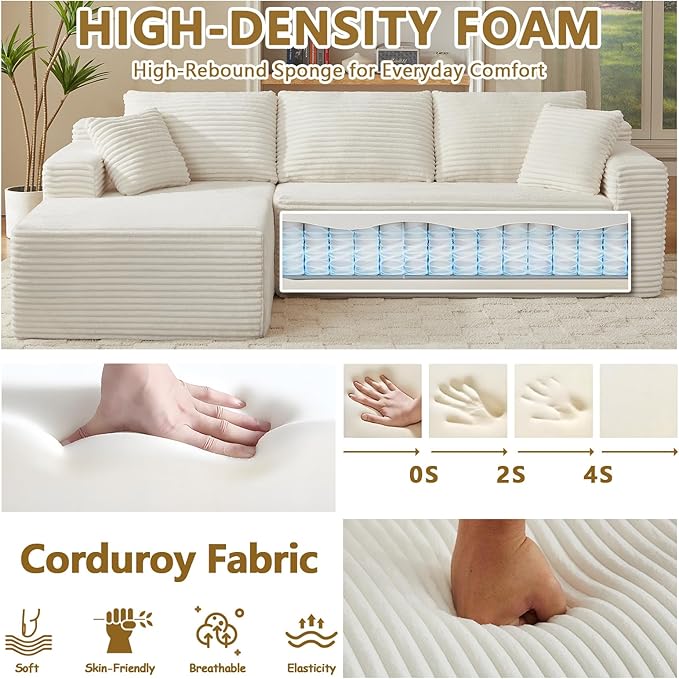 Minimalist Boneless Cloud Couches for Living Room Corduroy L Shaped Modular Sectional Sofa Couch W/Deep Seat &amp High-Back Comfy Memory Foam Couch Sofa in A Box (White Left Facing Chaise)