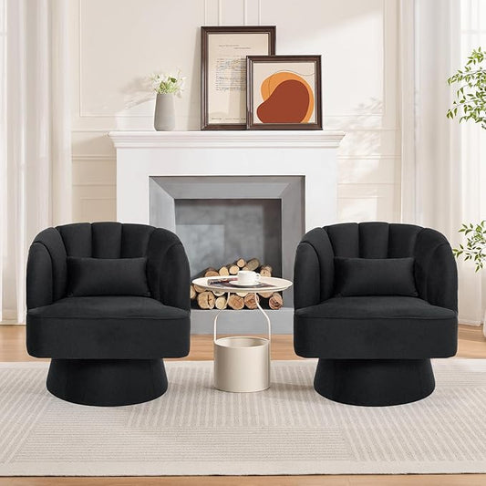 Swivel Barrel Chair - Velvet Upholstered Modern Armchair with Striped Backrest &amp Plush Padding Round Lounge Chair for Living Room Bedroom Small Spaces Black - (2 Pcs)