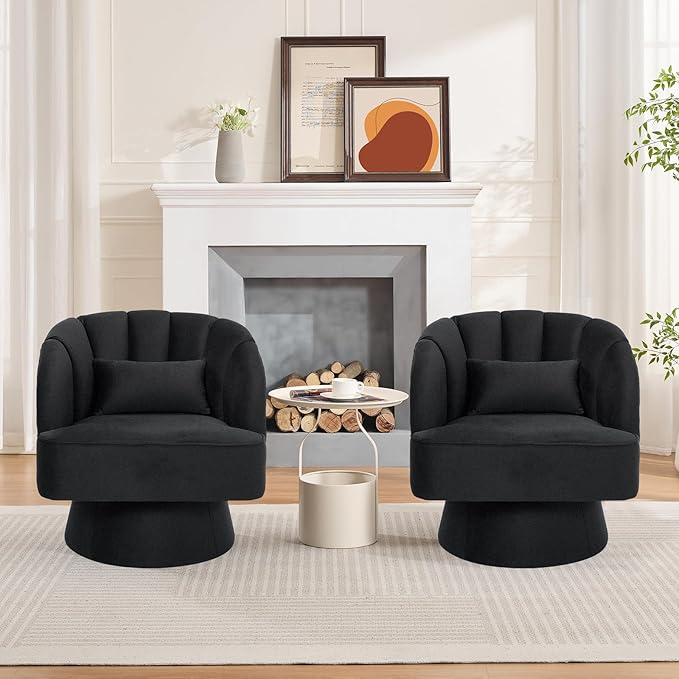 Mid Century Modern Swivel Barrel Chair - 360° Swivel Accent Chair with Plush Velvet Upholstery &amp Wide Cushioned Seat Round Lounge Sofa Chair for Living Room Bedroom Office (Black 1 PCS)