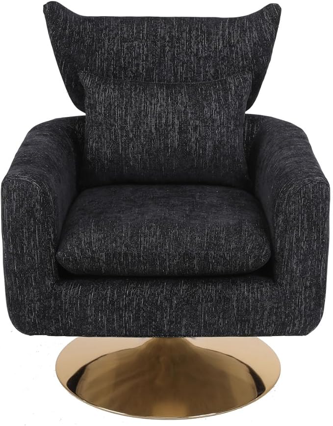 Swivel Accent Chairs for Living Room Mid Century Modern Accent Chair with Arms Comfy Side Chairs for Living Room with Gold Base &amp Lumbar Pillow Upholstered Armchair with Wingback (Black)