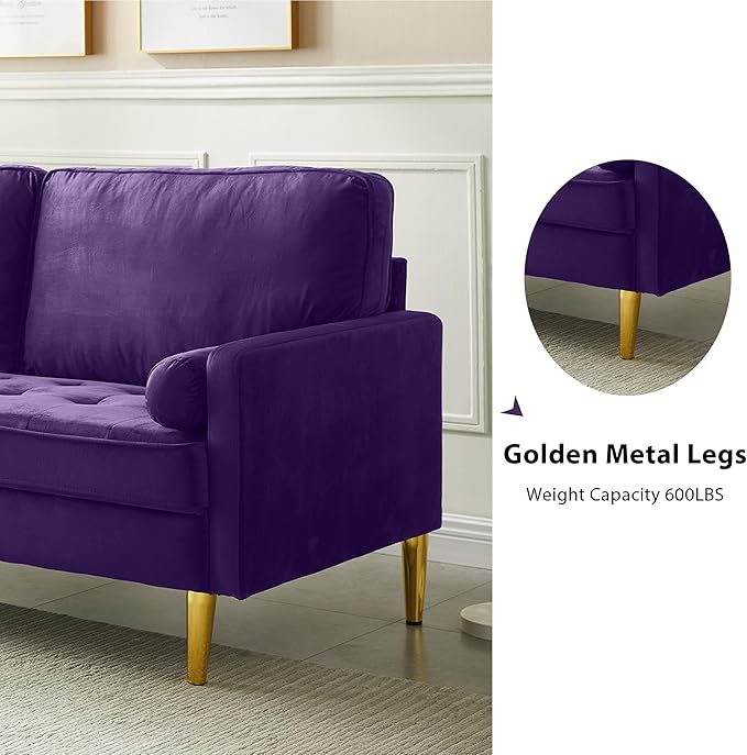 67in Modern Velvet Loveseat Sofa Couch Mid-Century Tufted Upholstered Small Love Seat Couch with 2 Pillows &amp 4 Golden Legs 2-Seats Couches for Compact Space Living Room Apartment (Purple)