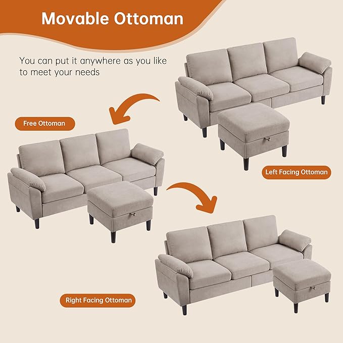 Convertible Sectional Sofa Couch with Ottoman 79 Modern L Shaped 3 Seat Sofa Linen Fabric Small Sectional Couch with Movable Storage Ottoman for Small Spaces Living Room (Beige)