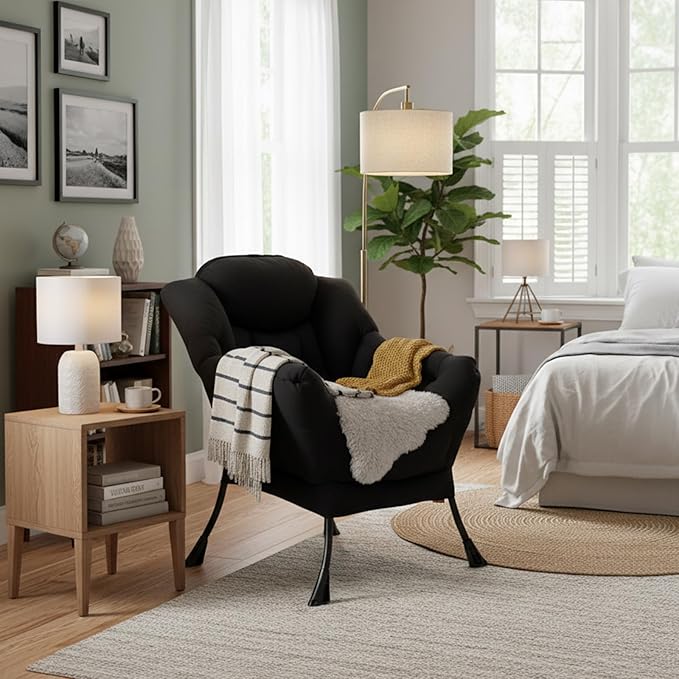 Lazy Chair Modern Soft Reading Chair Accent Contemporary Sofa Chair with Armrests and a Side Pocket for Bedroom Dorm &amp Office Black