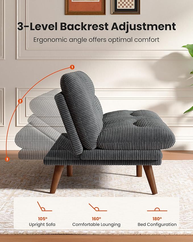 Amada 66 Convertible Futon Sofa Bed Corduroy Folding Futon Set with Adjustable Backrest &ampArmrests Recliner Lounge for Living Room Apartment or Office Solid Wood Frame Loveseat Sofa - Grey |