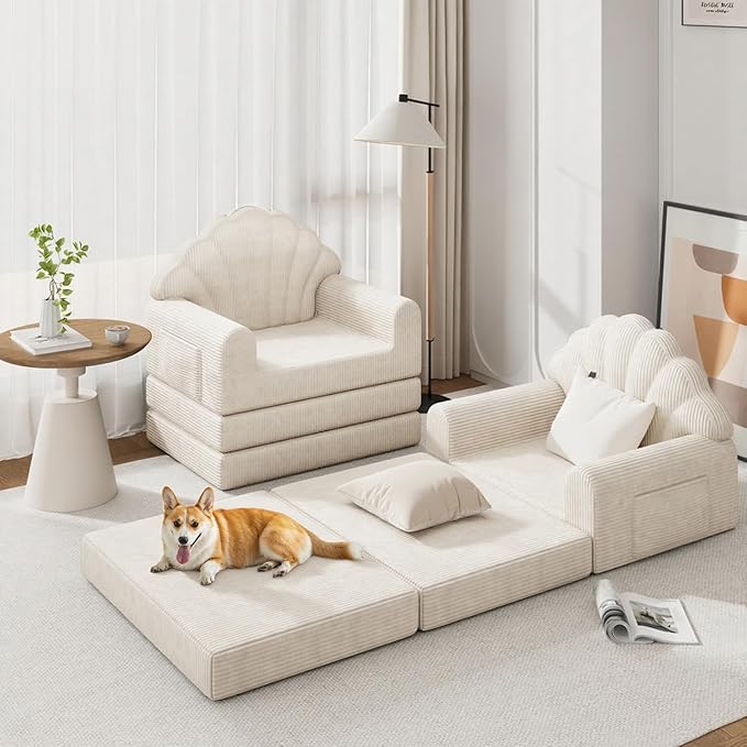 2-in-1 Folding Sofa Bed with Back Support 75 D x 34 W Convertible Futon Sleeper Chair for Adult Fold Out Bean Bag Floor Foam Lounger Couch for Living Room Bedroom Small Space Beige