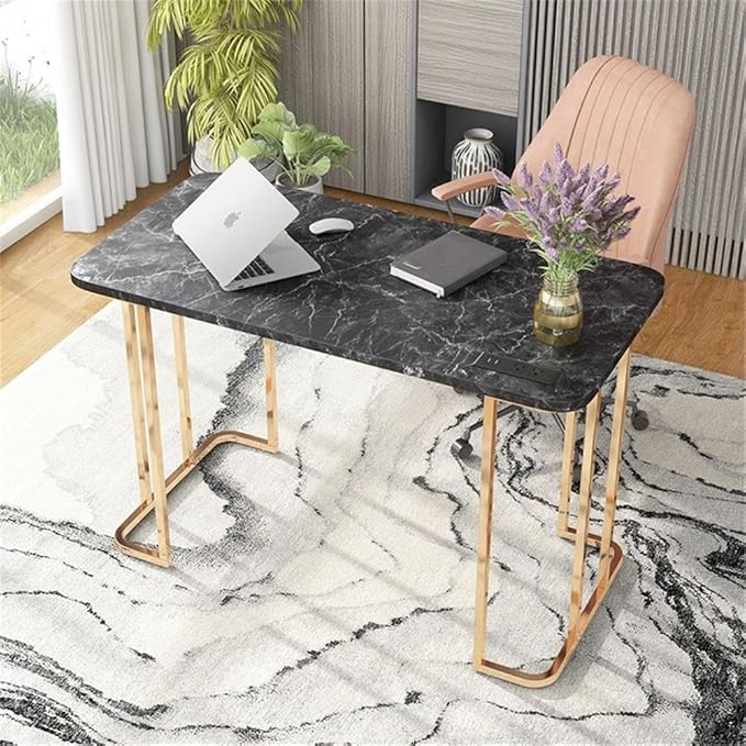 Bowery Hill Contemporary Metal Writing Desk 47.25W x 23.63D x 30.5H Steel and MDF Black and Gold Finish Rounded Corners Built-in USB Power Strip Faux Marble Top Home Office or Bedroom Desk