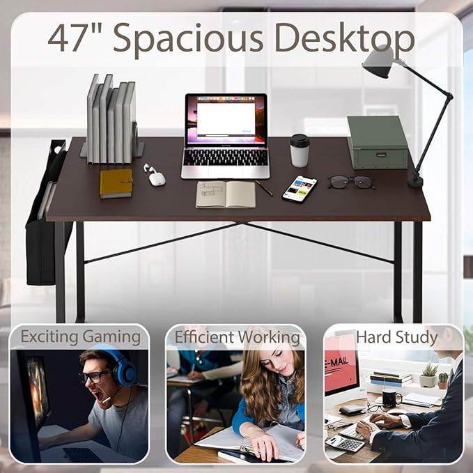 Tangkula Computer Desk with Storage Bag Home Office Writing Study Desk Modern Simple Style Laptop Table (47 Coffee)
