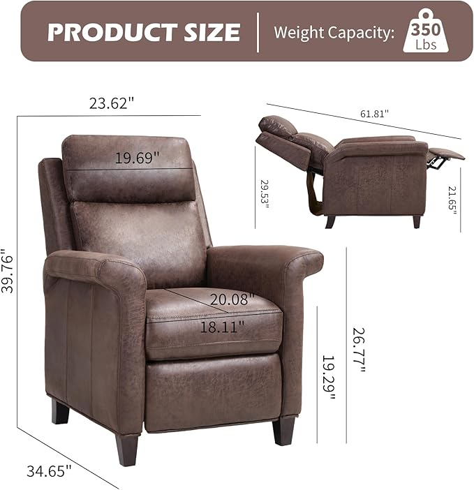 Push Back Recliner Chair Faux Leather Lounge Armchair with Footrest Decoration Single Sofa Accent Chair for Living Room Bedroom Small Spaces (1 Dark Brown)