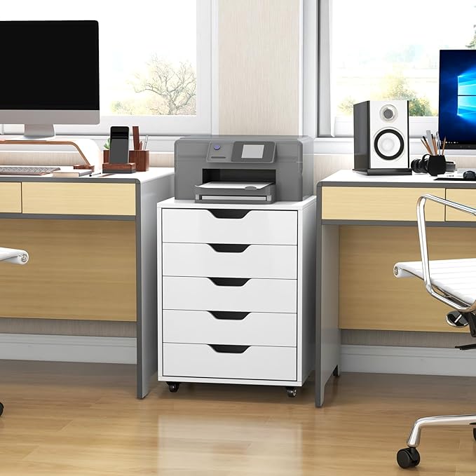 File Cabinet Mobile Filing Cabinet w/Universal Wheels &amp 5 Drawers Wood Printer Stand with Storage Rolling File Cabinets for Home Office Living Room Bedroom (White 5 Drawers)