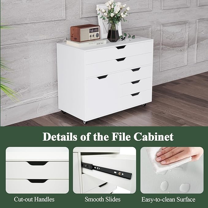 File Cabinet 5 Drawer Filing Cabinet with Door Mobile Storage Organizer Wooden Printer Stand on Wheels for Study Home Office Living Room White