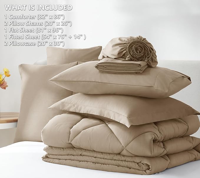 CozyLux Full Size Comforter Sets Taupe - 7 Pieces Bed in a Bag Full Luxury Soft Bed Set for All Seasons Bedding Set with Down Alternative Comforter Sheets Pillowcases &amp Shams