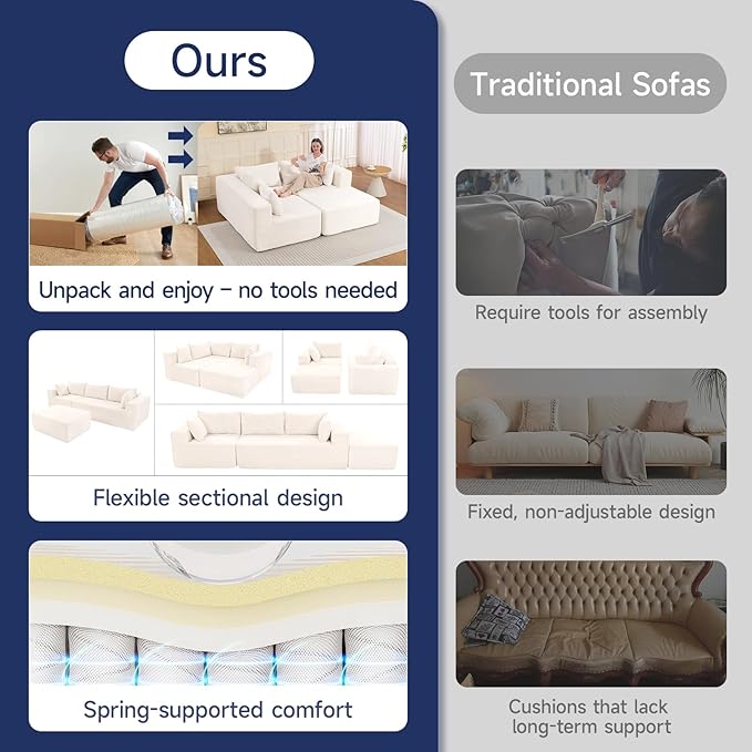 2026 New 108 Cloud Sectional Couch Modular Sectional Sofa with Deep Seat Modular Sofa Couch with L-Shaped Chaise Modern Couches for Living Room No Assembly Required (Beige with Ottoman)