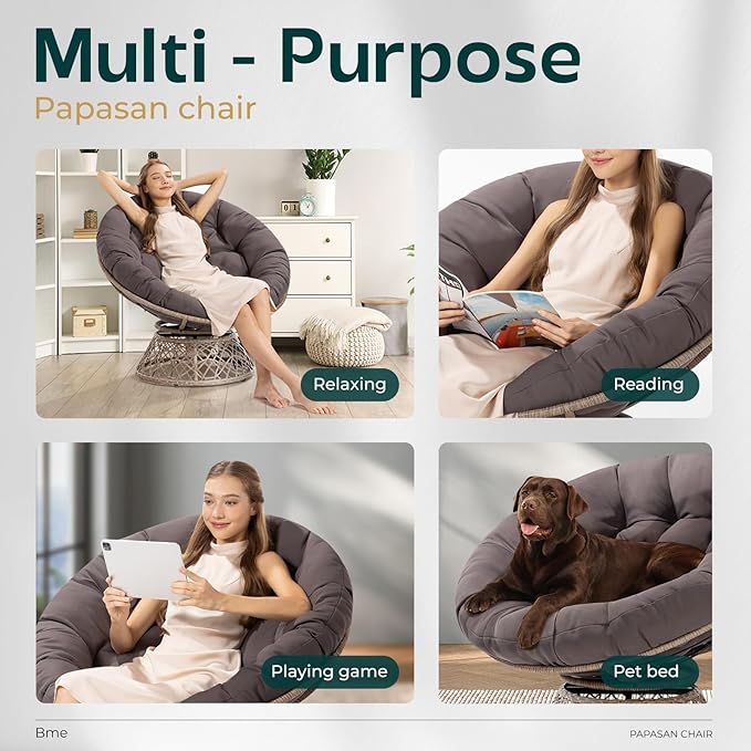 Bme 40 Ergonomic Wicker Papasan Chair with Soft Thick Density Fabric Cushion High Capacity Steel Frame 360 Degree Swivel for Living Bedroom Reading Room Lounge