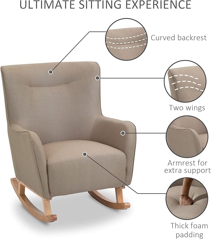 HOMCOM Modern Rocking Chair Sofa Armchair Modern Accent Chair with Thick Padding Winged Back for Living Room or Bedroom Greige
