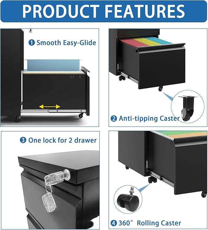 2 Drawer Mobile File Cabinet Rolling Vertical Metal Filing Cabinet with Lock for Home Office A4/Letter/Legal Size Folder Fully Assembled Except Wheels Black
