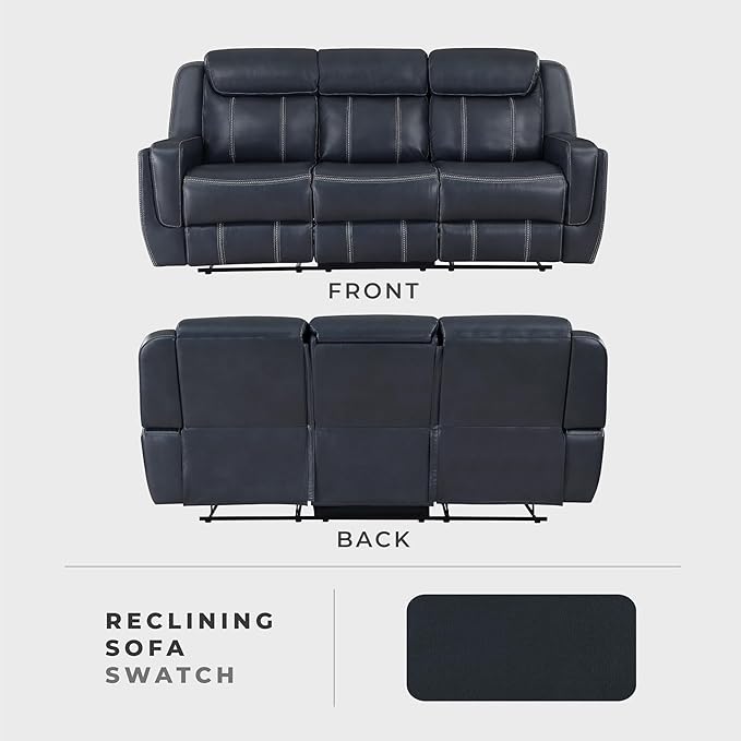 Lexicon Modern Double Recliner Sofa Faux Leather Reclining Sofa with Center Drop-Down Cup Holders Storage Pouch Receptacles USB Ports Manual Recliner Couch for Living Room/Office/Apartment Blue