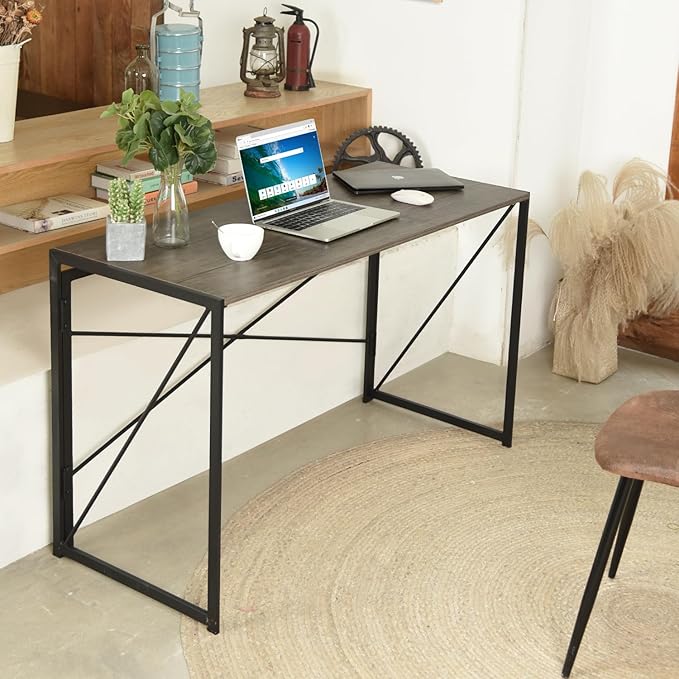 FurnitureR 32'' Folding Desk No Assembly Required Desk 2 Tier Computer Desk for Study Home Office Portable Foldable Laptop Table with Metal Frames/Wood Top Rustic Brown (Vintage Brown 55.1 Inch)