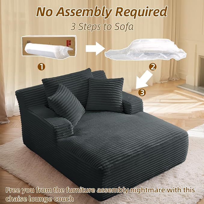 Oversized Chaise Lounge Chair Indoor Bedroom Single Deep Seat Comfy Corduroy Upholstered Sofa Bed No Assembly Required Sleeper Chair Sofa for Living Room (Grey)