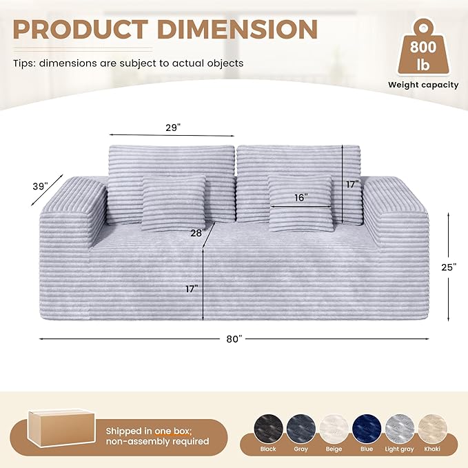 80'' Modern Cloud Loveseat Sofa No Assembly Required Deep Seat Comfy Small Couches Includes 2 pcs Pillows for Living Room Bedroom Apartment(Light Grey)