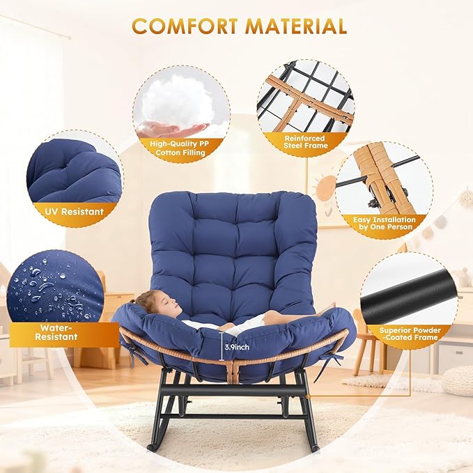 GAOMON Papasan Rocking Chair with Foot Rest Papasan Chair with Thick Removable Cushion and Metal Frame Lounge Chairs and PE Rattan Rocker for Patio Garden Lawn Living Room and Relaxation Space