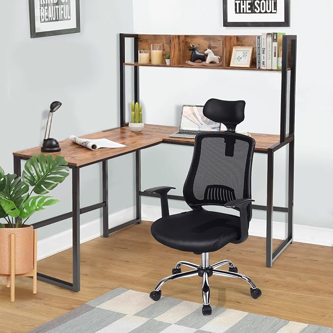 MEDIMALL L-Shaped Desk w/Storage Shelf Reversable Corner Desk Game Table w/Sturdy Metal Frame Multifunctional Computer Desk for Home Office (Rustic Brown)