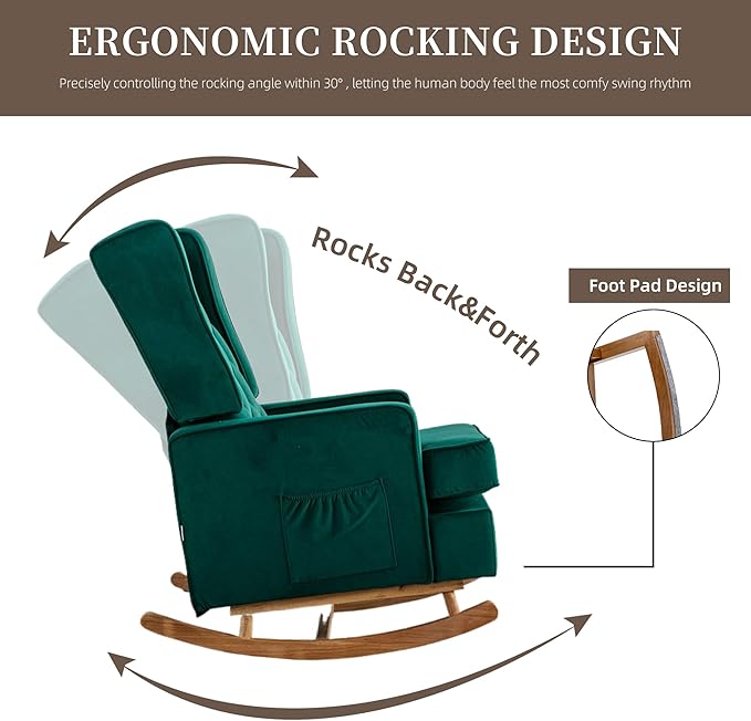 QQU Rocking Chair with Arms Leisure Chair IndoorComfy High Back Chair with Solid Wood Base Side Pocket for Living RoomBedroomOffice(A-Emerald)