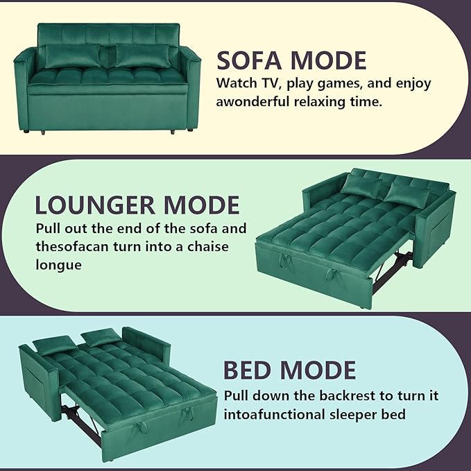 3 in 1 Pull Out Couch Bed Convertible Futon Sofa Bed Velvet Sleeper Loveseat for Small Living Room Adjustable Backrest Comfy Pillows Side Pocket (Green)