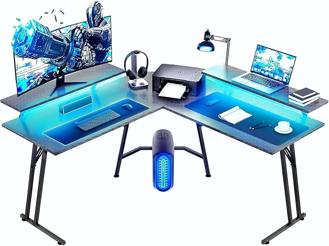 HLDIRECT 51 Inch L Shaped Gaming Desk with Monitor Stand and LED Lights Corner Computer Desk with Carbon Fiber Surface PC Gaming Table for Home Office Writing Workstation Easy to Install Black